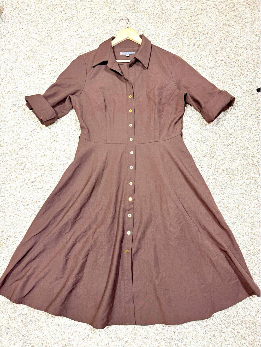 Sharagano Espresso Brown Shirtdress with Roll-Tab Sleeves Size 10 Fall Classic